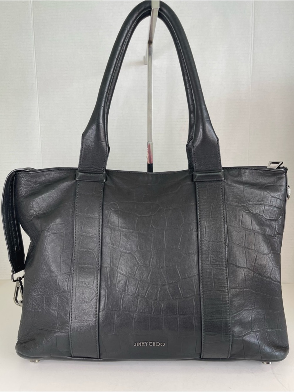 Jimmy Choo Black Croc-Embossed Logo Tote